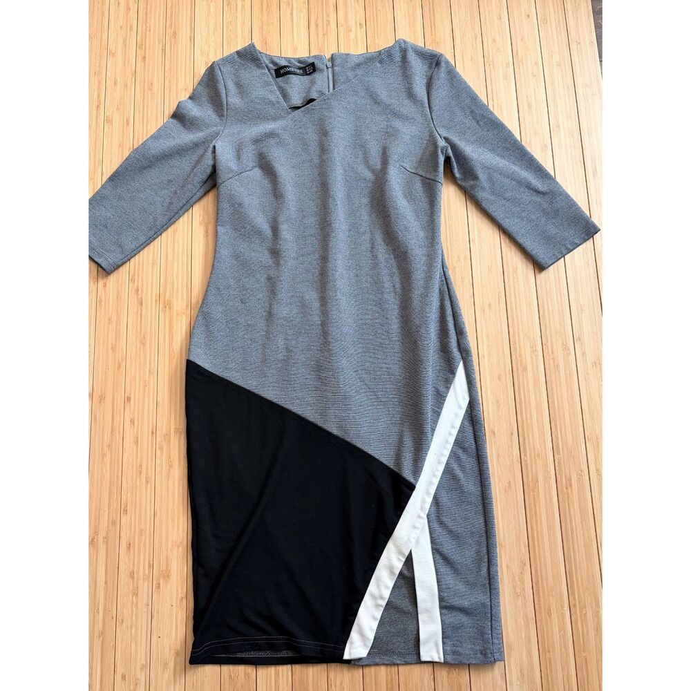Homeyee Women’s Size 8 Gray Asymmetrical Colorblock Dress – 3/4 Sleeve